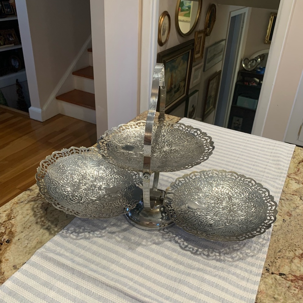 Vintage Folding Tiered cake stand with ornate pierced chromed metal design.